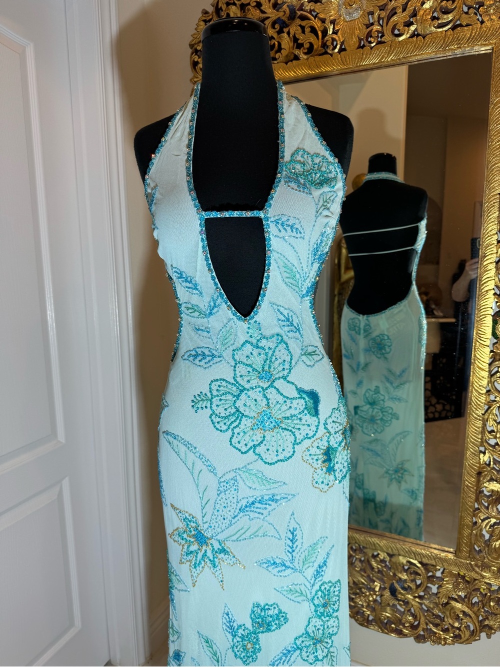 Elegant Light Blue  hand, beaded, and hand embroidered Halter Evening Gown. WOW - Picture 4 of 14